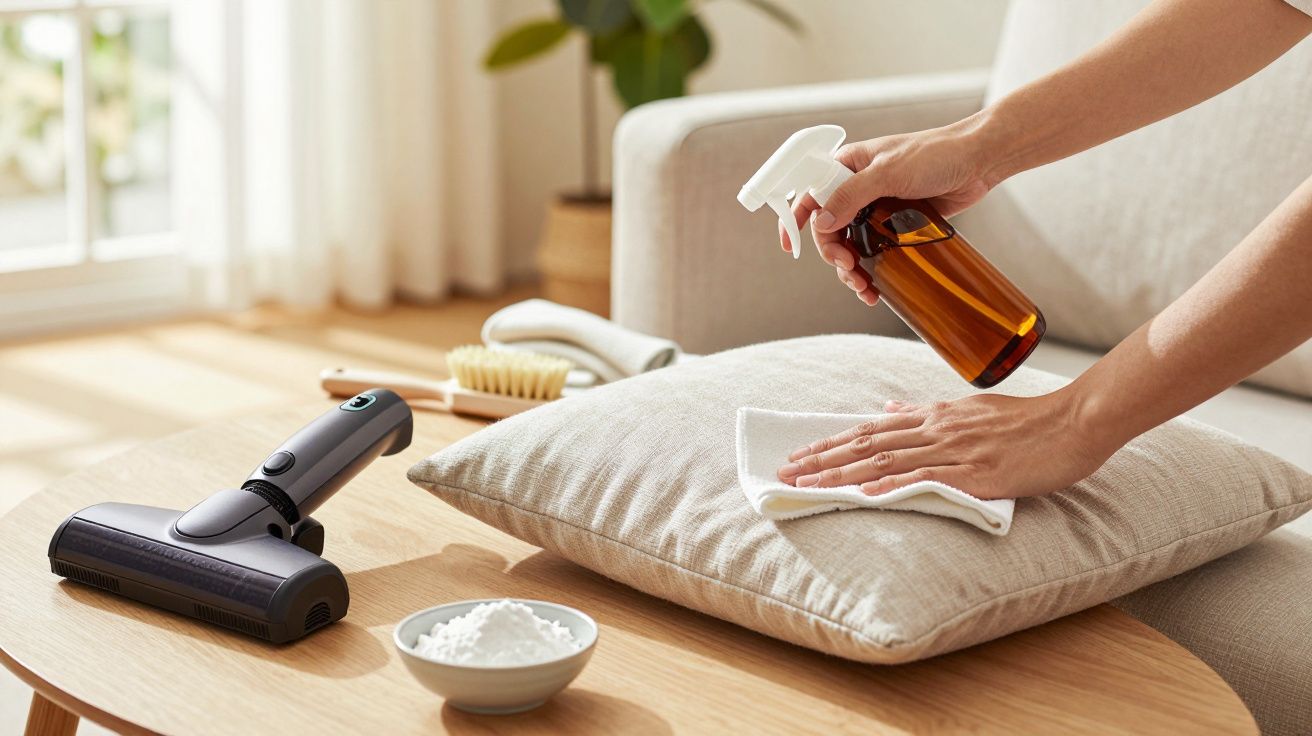 Person sprüht Reinigungsmittel auf Kissen, neben Staubsauger und Bürste auf Holztisch.
