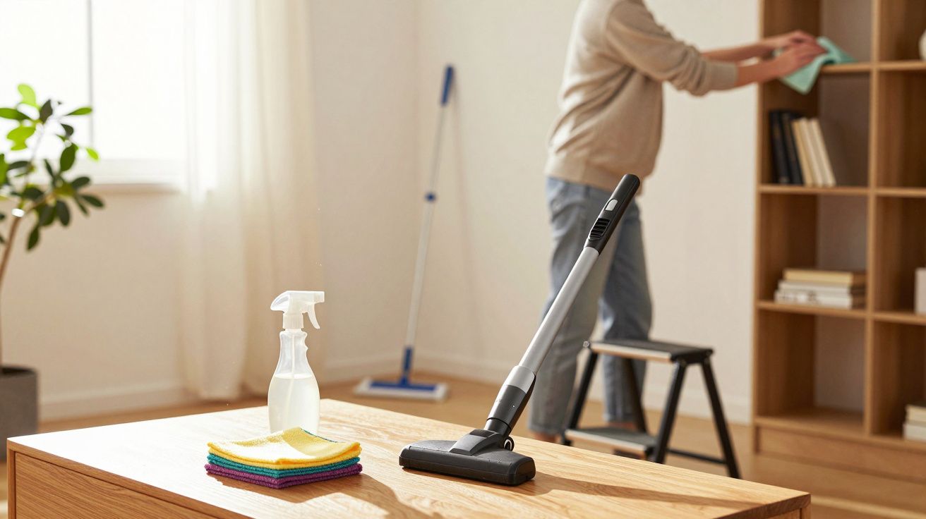 Eine Person reinigt ein Regal, Staubwedel und Sprayflasche auf einem Tisch, Staubsauger im Vordergrund.