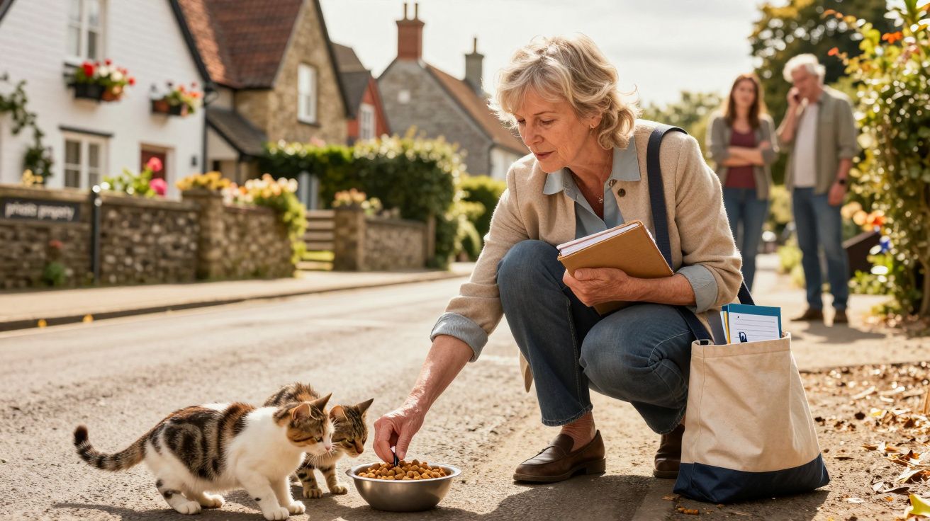 Ältere Frau füttert Katze auf Straße in einem Dorf, hält Notizbuch, während zwei Personen im Hintergrund stehen.