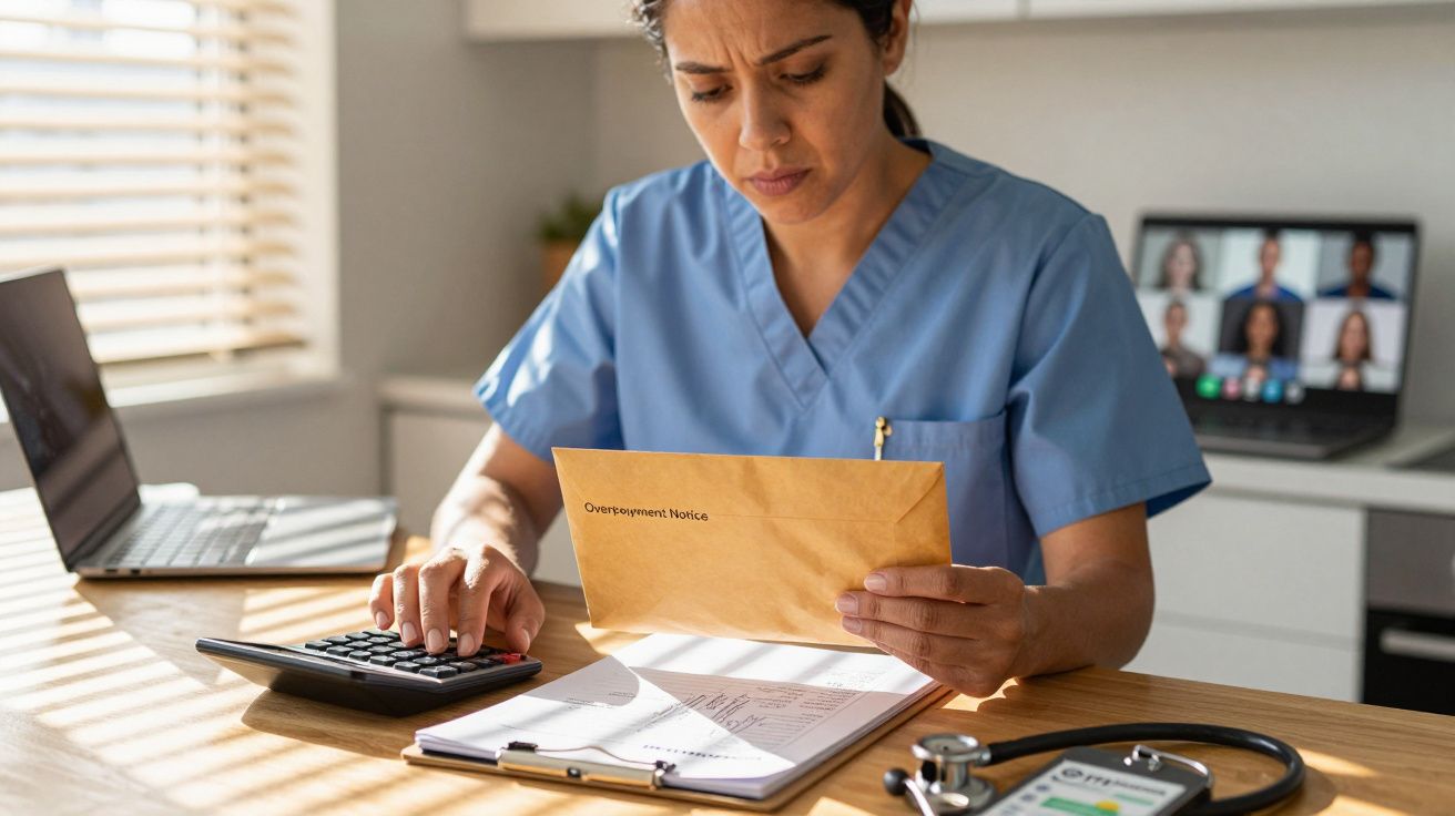 Frau in blauer Arbeitskleidung liest einen Brief mit "Overpayment Notice", Taschenrechner und Laptop auf dem Tisch.