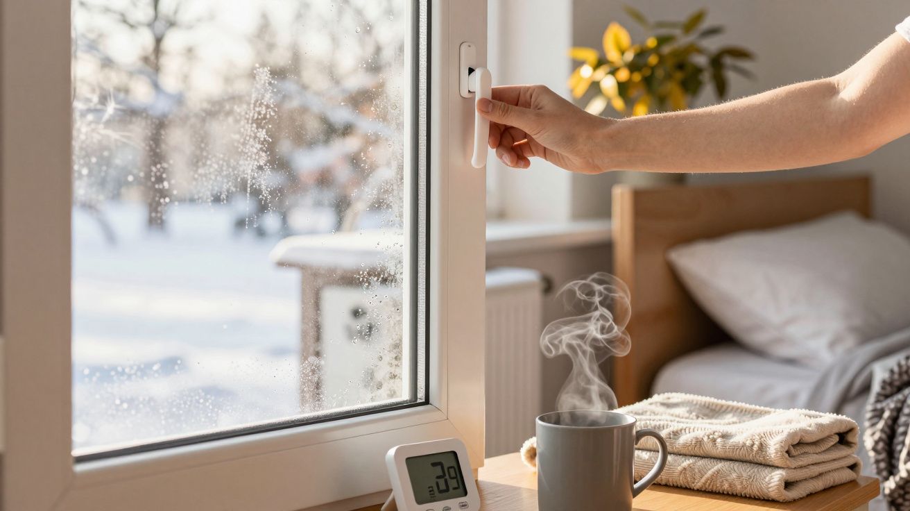 Hand öffnet Fenster, heiße Tasse auf Tisch mit Handtuch und Thermometer zeigt 22°C, winterliche Landschaft draußen.