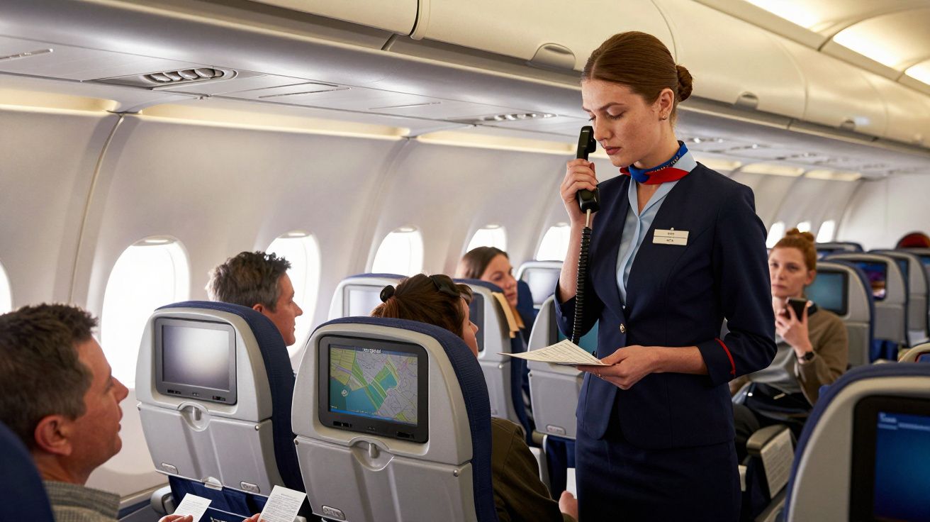 Flugbegleiterin in Uniform spricht über das Bordmikrofon zu den Passagieren in einem Flugzeug.