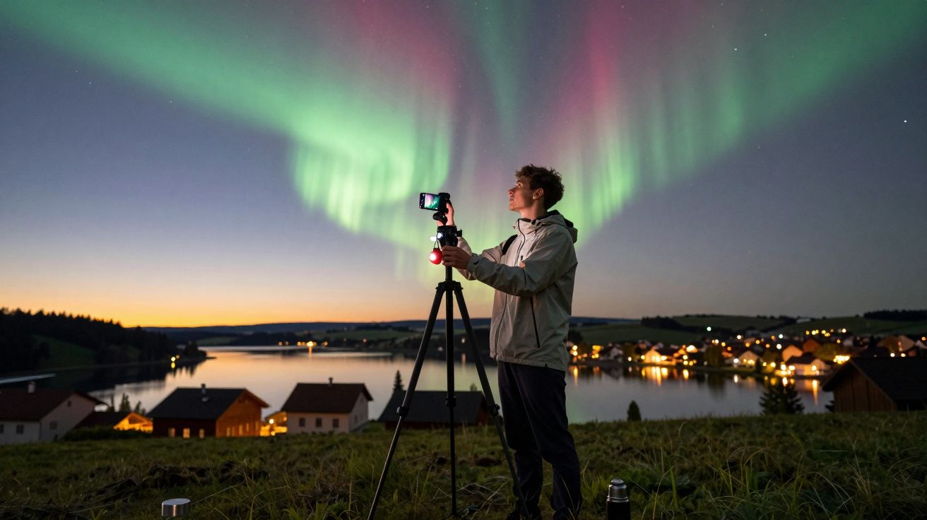 Ein Mann fotografiert Nordlichter mit einer Kamera auf einem Stativ vor einer beleuchteten Dorflandschaft.