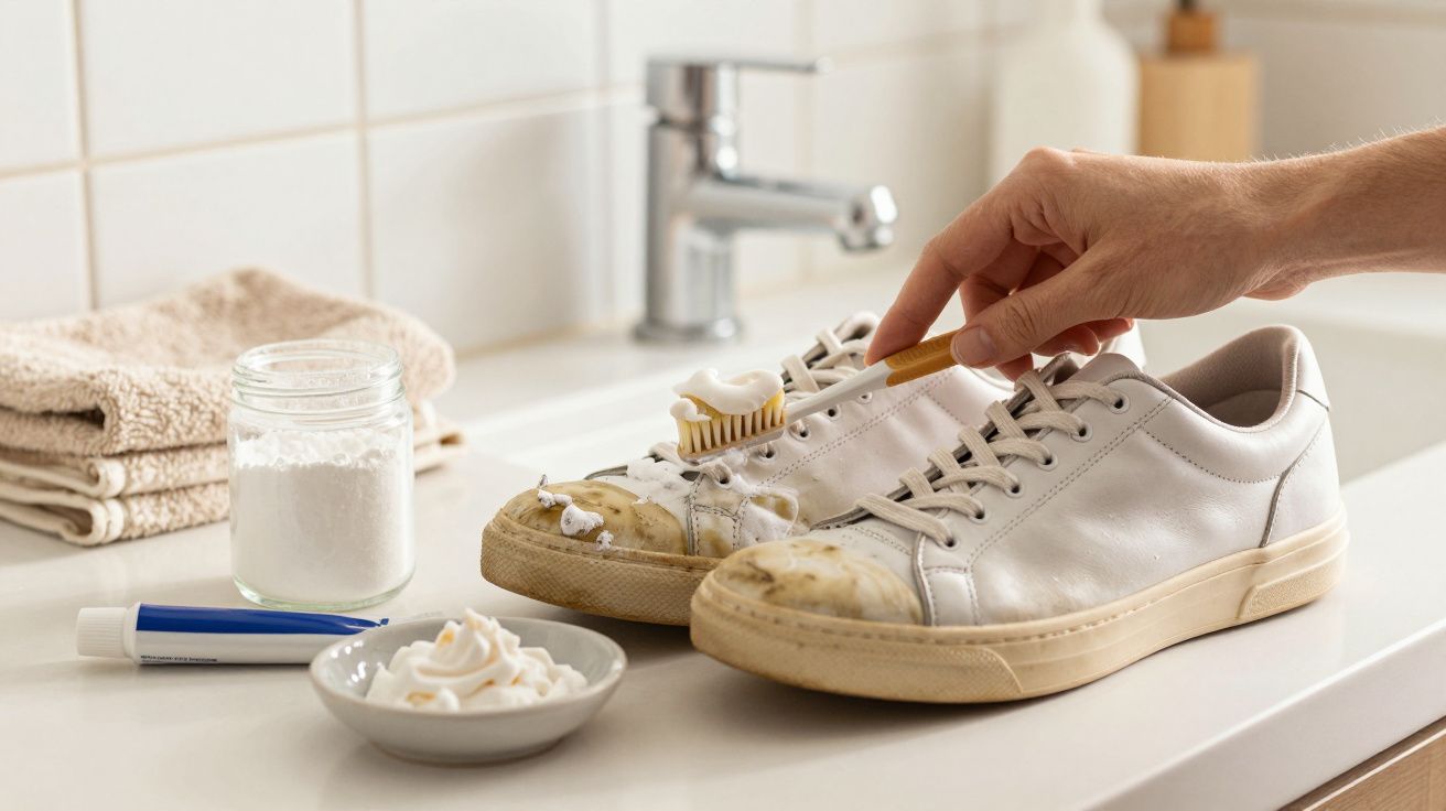 Person reinigt weiße Turnschuhe mit Zahnbürste und Creme auf Waschbeckenplatte.