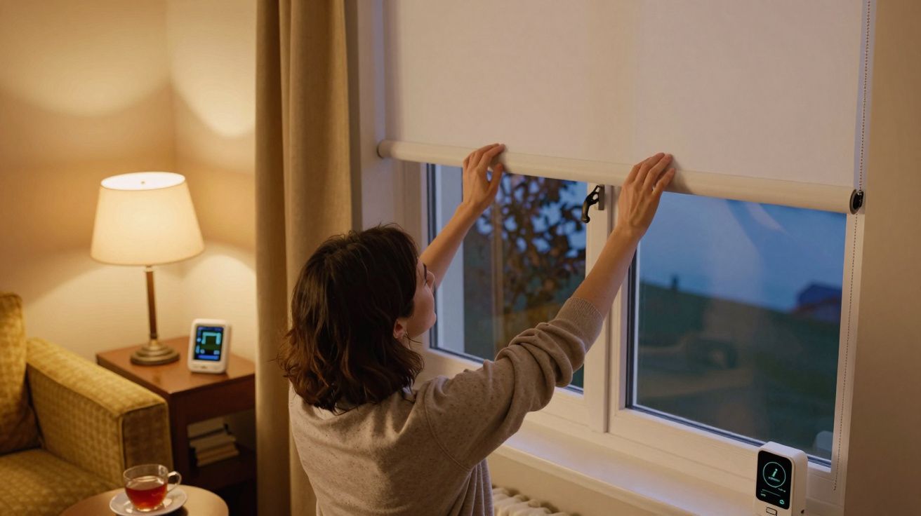 Eine Frau zieht am Fensterrollo in einem gemütlichen, beleuchteten Wohnzimmer mit Lampe, Tisch und Tasse Tee.