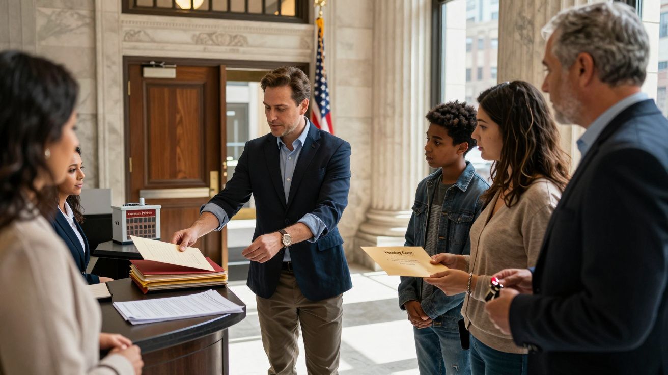 Eine Gruppe von Menschen steht in einem Büro, während eine Person Dokumente überreicht.