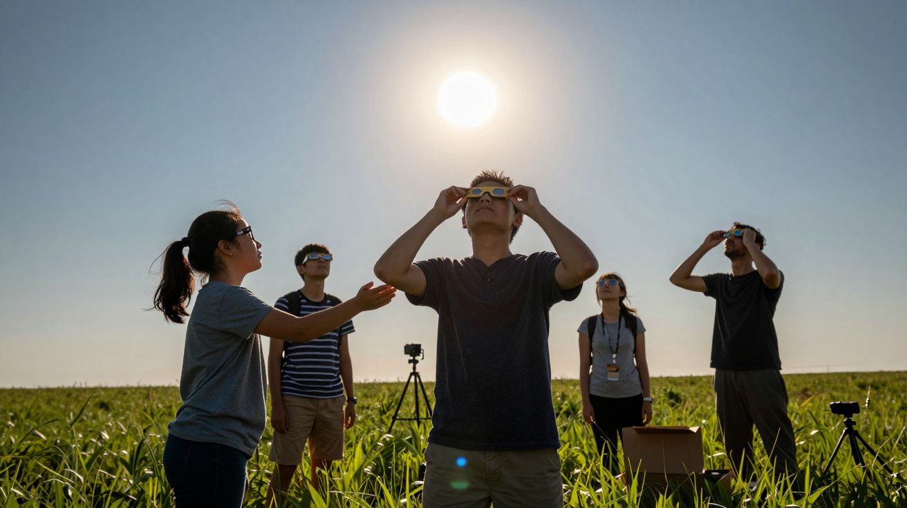 Fünf Menschen stehen auf einem Feld und beobachten mit Schutzbrillen eine Sonnenfinsternis, Kameras im Hintergrund.