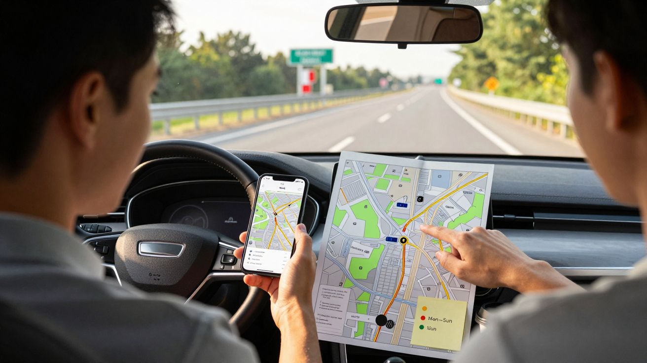 Zwei Personen im Auto, eine hält eine Karte, die andere ein Smartphone mit Navigation auf einer Landstraße.