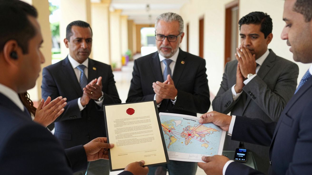 Fünf Männer in Anzügen diskutieren ein Dokument mit einer Karte und Siegel in einem hellen Korridor.