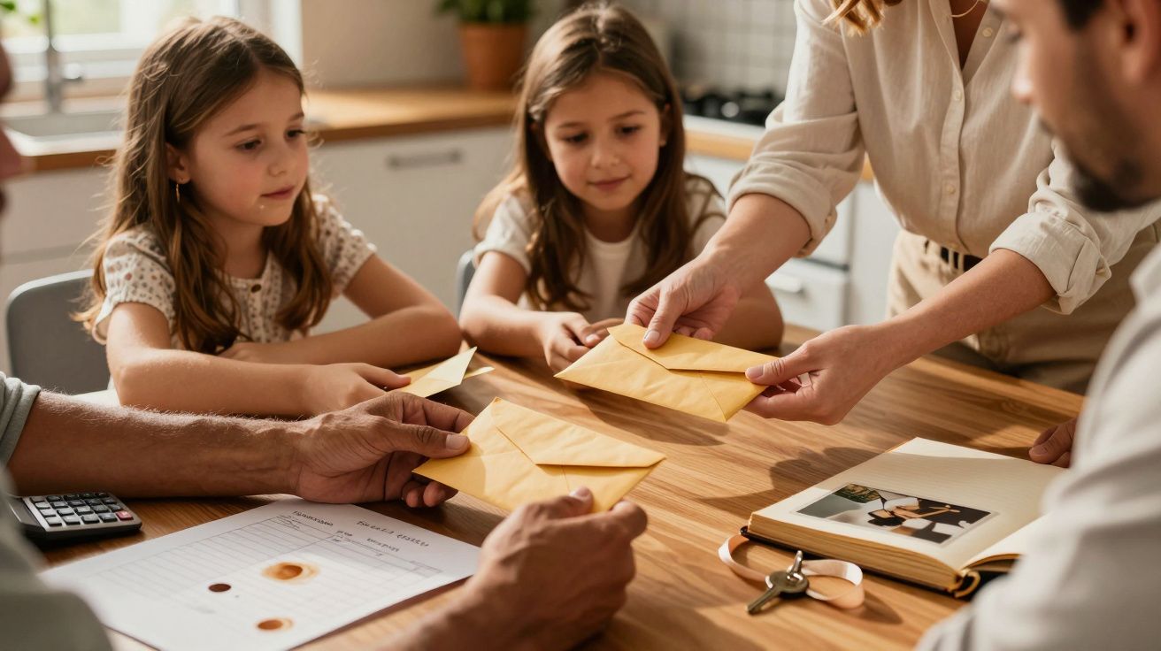 Zwei Kinder und Erwachsene tauschen Umschläge an einem Tisch in einer hell erleuchteten Küche aus.