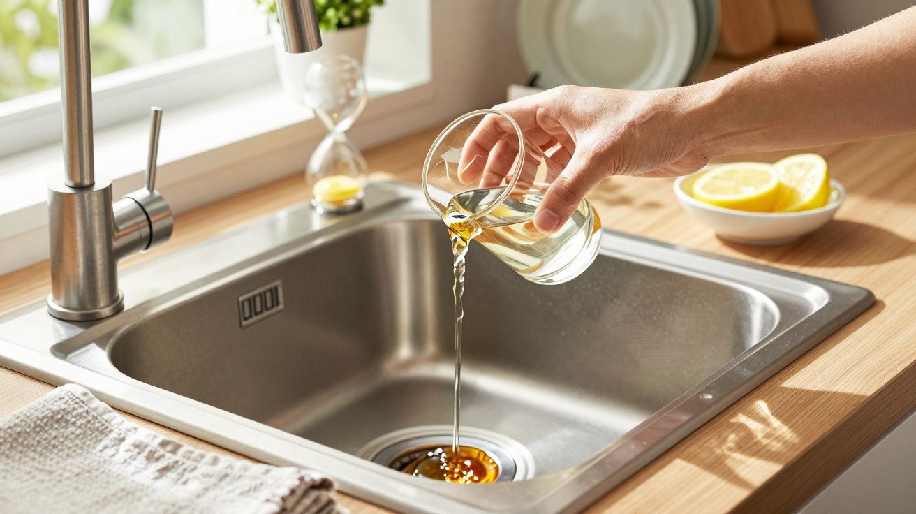 Hand gießt Flüssigkeit aus Glas in Edelstahlspüle.