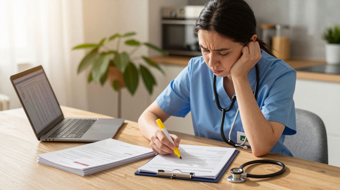 Medizinisches Fachpersonal in blauer Kleidung überprüft Dokumente mit Textmarker am Schreibtisch, Laptop im Hintergrund.