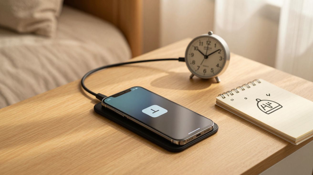 Smartphone auf Ladestation neben einem Wecker und einem Notizblock auf einem Holztisch.