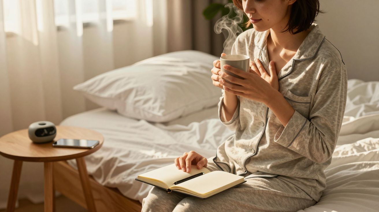 Frau in Pyjama sitzt mit heißem Getränk auf dem Bett und liest ein Notizbuch.