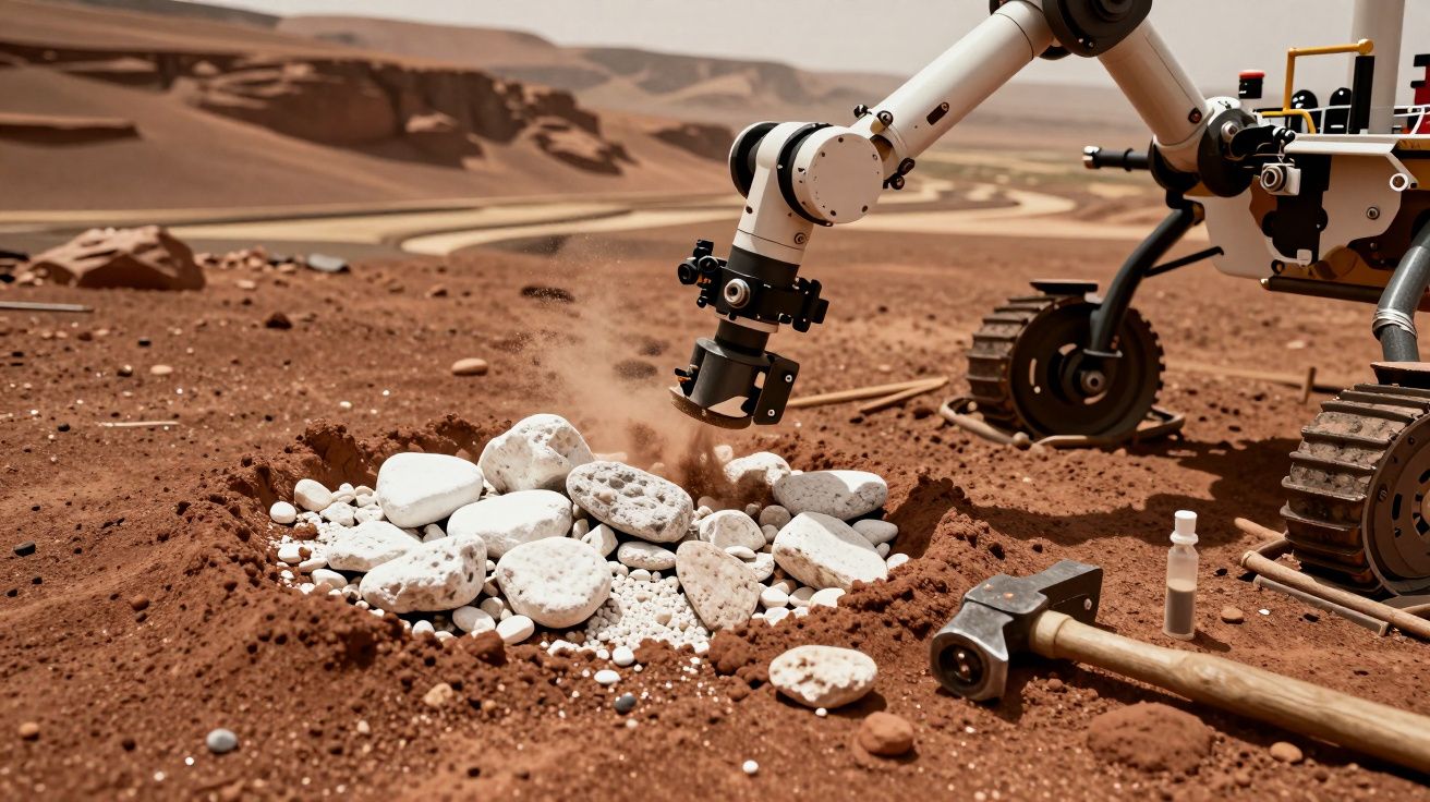 Roboterarm untersucht Steine auf sandigem Boden mit Werkzeugen. Rotes Mars-ähnliches Gelände im Hintergrund.