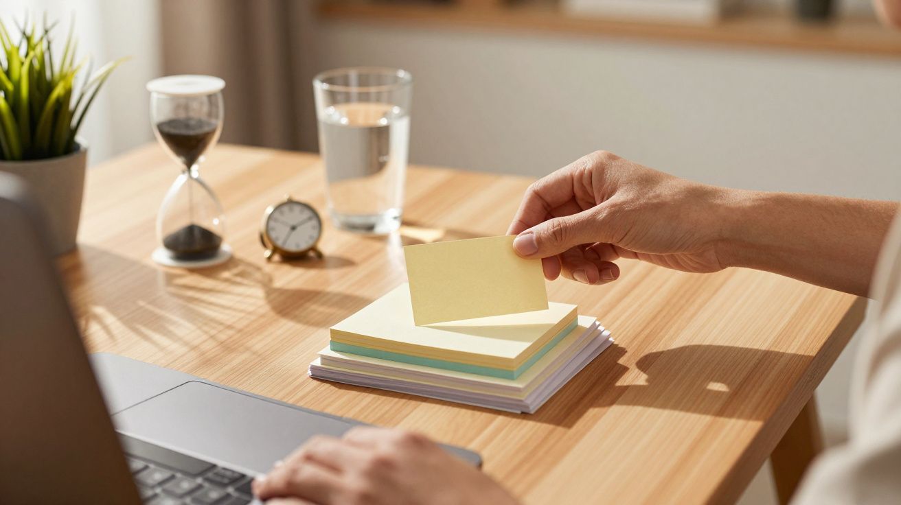 Hand greift nach gelbem Haftnotizzettel auf Schreibtisch mit Laptop, Sanduhr, Glas Wasser und Pflanze.