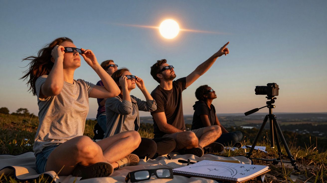 Eine Gruppe sitzt in der Natur und beobachtet eine Sonnenfinsternis mit Schutzbrillen, ein Mann zeigt mit dem Finger.