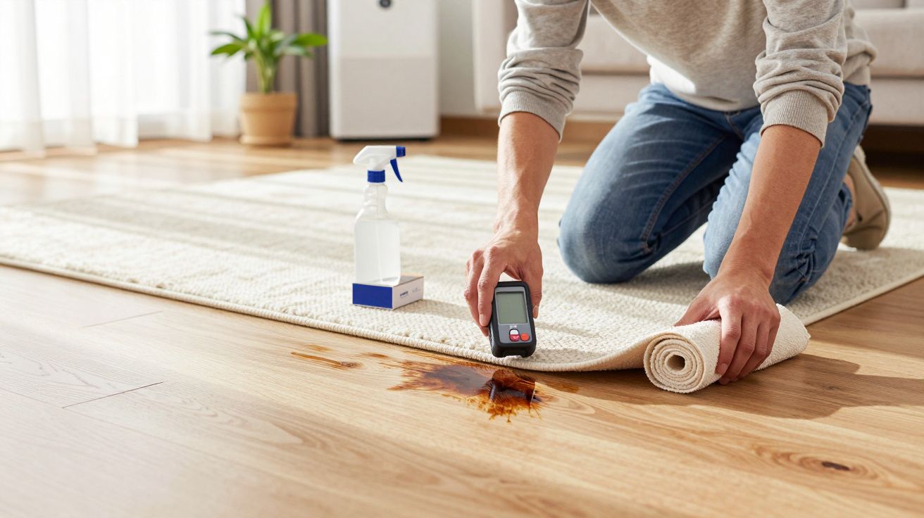 Person misst Feuchtigkeit unter Teppich neben Fleck auf Holzboden, mit Messgerät und Sprayflasche.