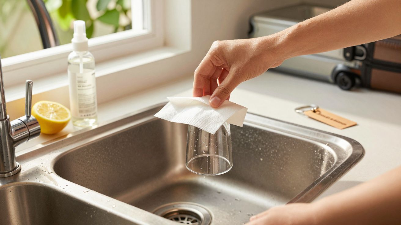 Hand hält Glas über Spüle mit Papiertuch, Zitronenhälfte und Reinigungsmittel im Hintergrund.