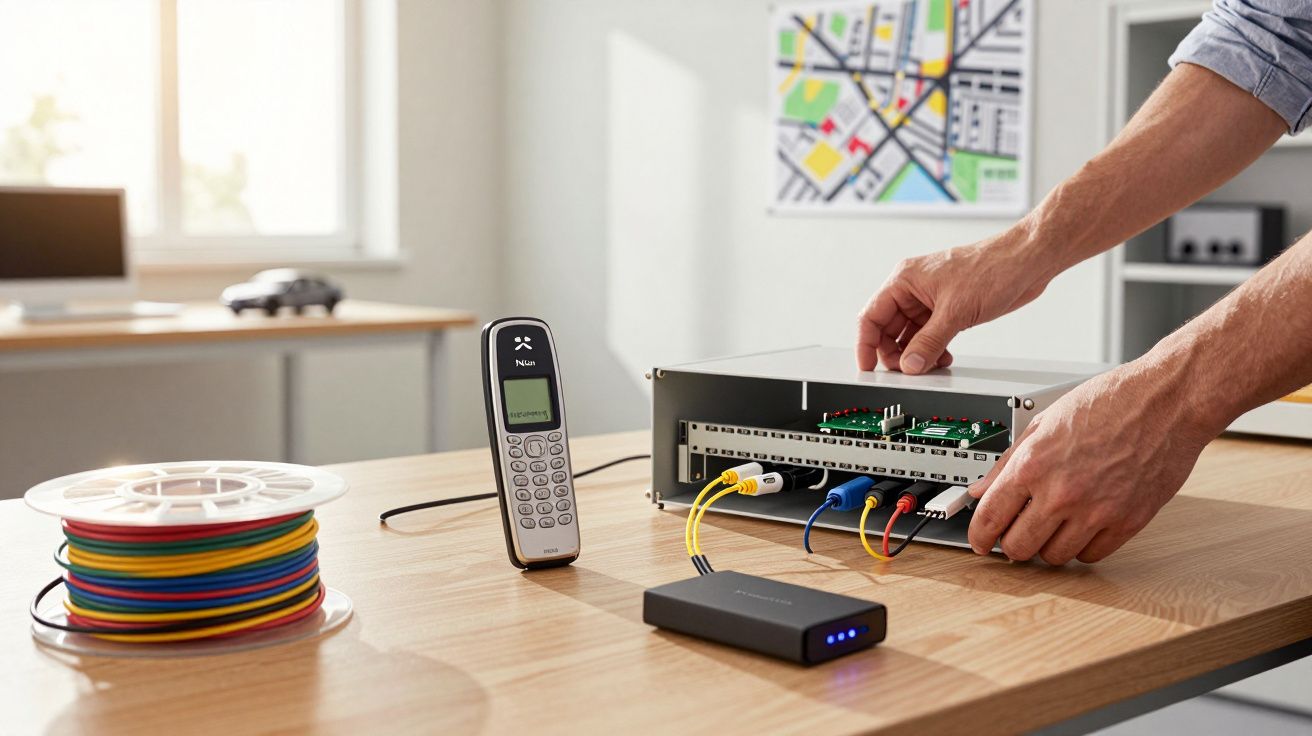 Person verbindet Kabel in einem elektronischen Netzwerkgerät auf einem Schreibtisch mit Telefon und Kabelrolle.