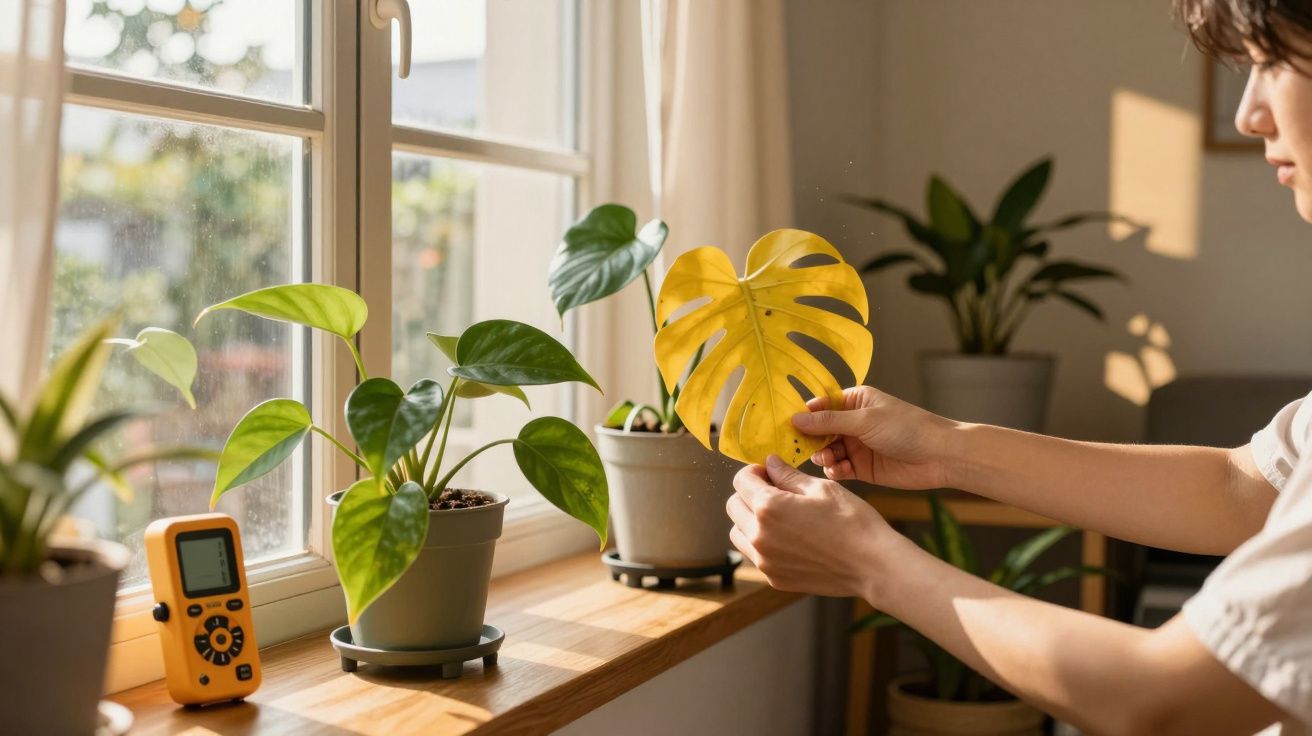 Person hält gelbes Blatt vor Fenster mit Topfpflanzen und Messgerät auf der Fensterbank.