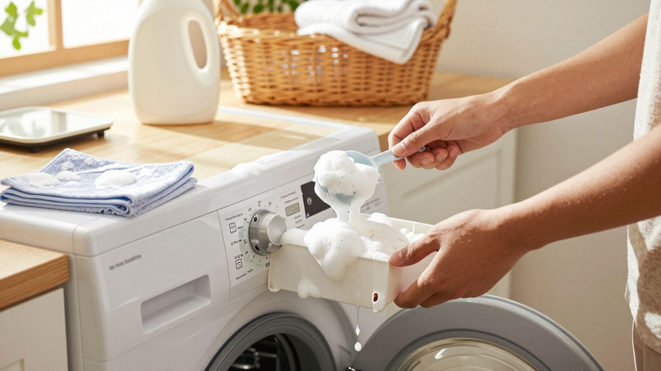 Person fügt Waschmittel in schäumende Waschmaschine ein, Wäschekorb und Handtuch im Hintergrund.