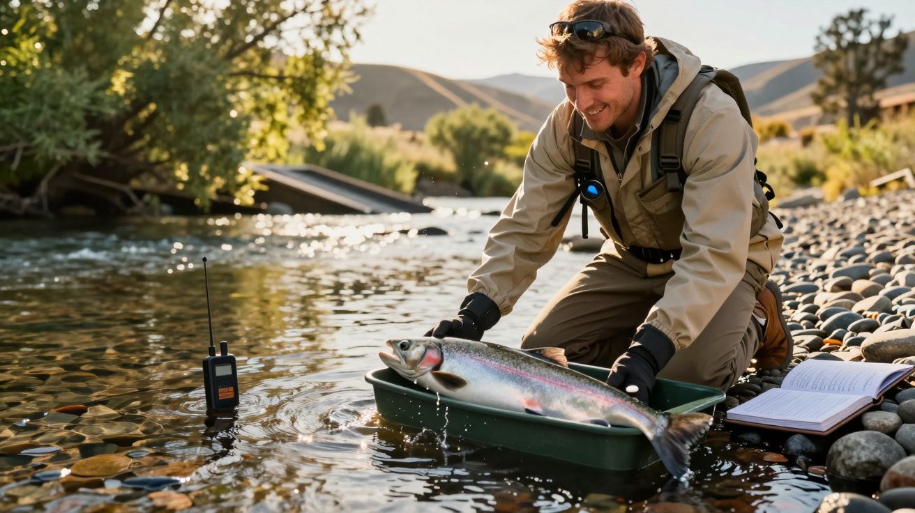 Mann in Anglerkleidung kniet am Flussufer, legt einen Fisch in eine Wanne, Funkgerät und Notizbuch daneben auf den Steinen.